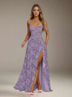Floral Lace Bridesmaid Dress – A-Line Square Neck Sleeveless Floor Length Formal Dress with Slit oaklynwear