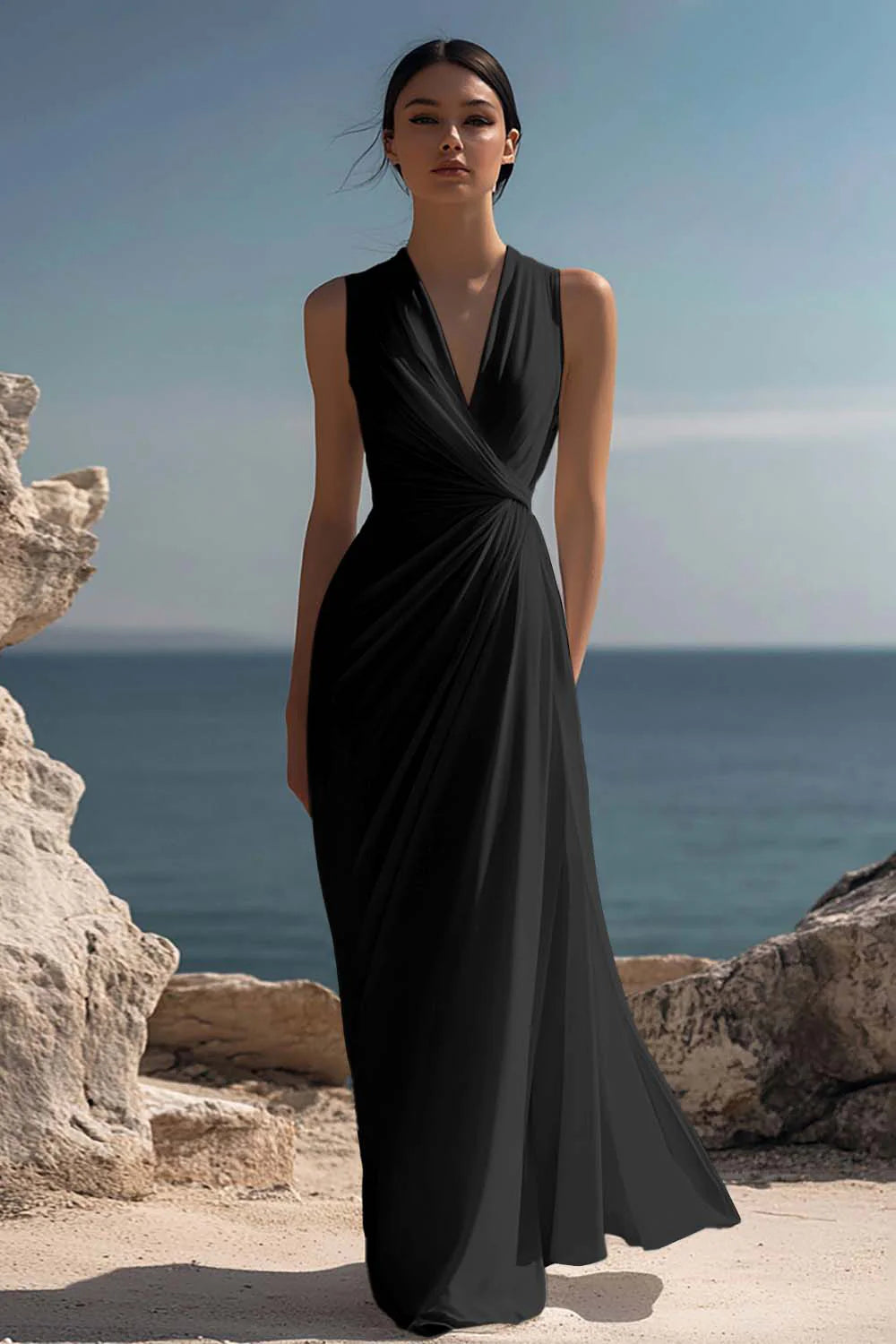 Blanche | Ruched Chiffon V-Neck Maxi Dress oaklynwear