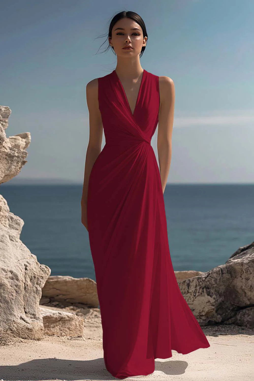 Blanche | Ruched Chiffon V-Neck Maxi Dress oaklynwear