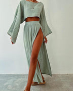 Women’s Cotton Linen Two-Piece Set – Chic Slit Detail Co-Ord Outfit, Casual Relaxed Matching Set for Everyday Elegance oaklynwear