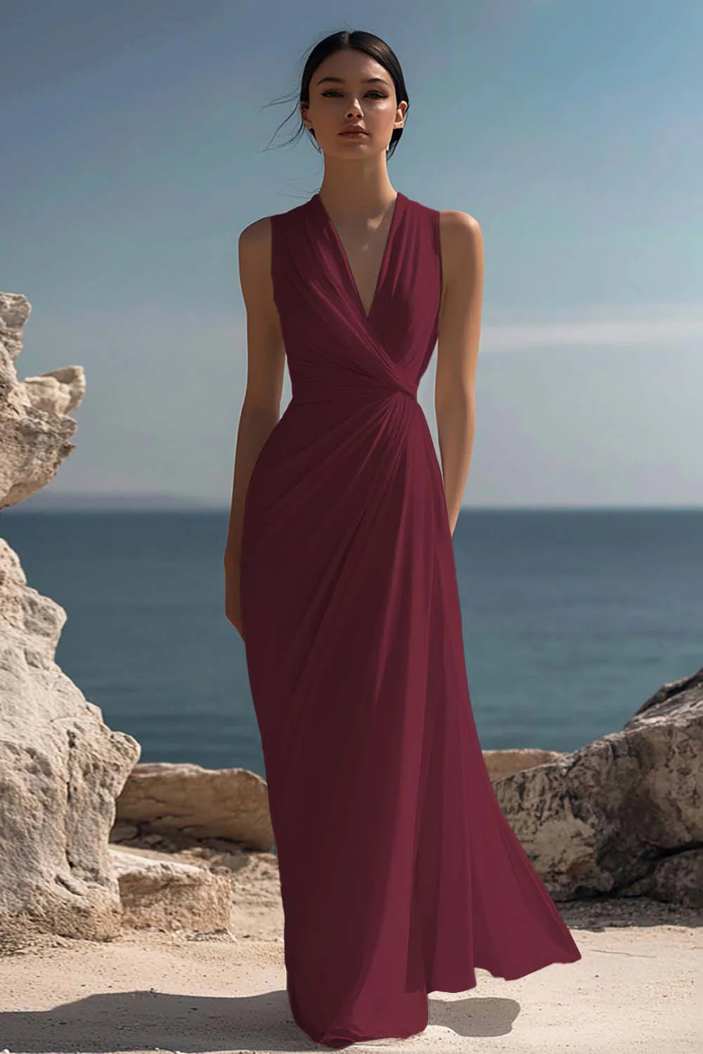 Blanche | Ruched Chiffon V-Neck Maxi Dress oaklynwear