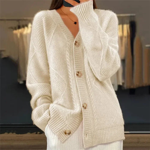 Aaliyah | Button Front V-Neck Cardigan with Diamond Knit Detail, Everyday Layer oaklynwear