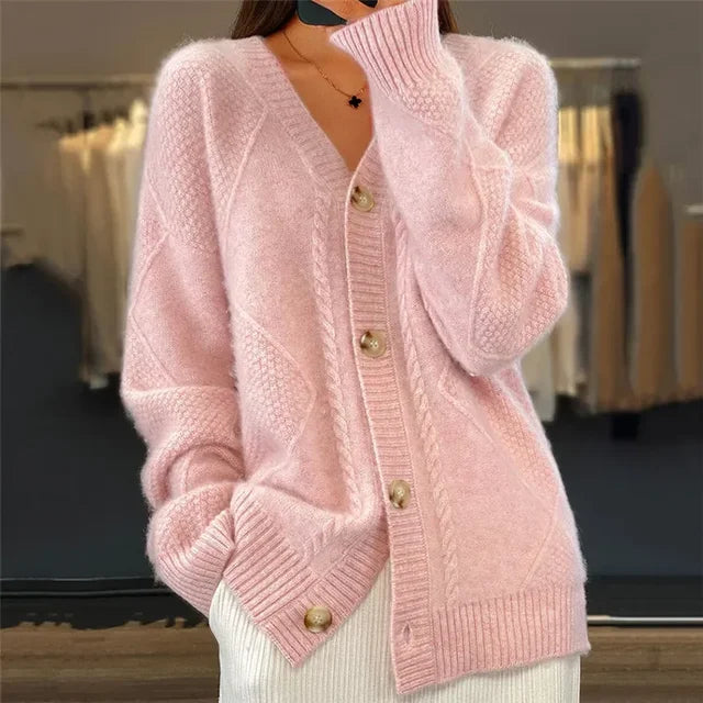 Aaliyah | Button Front V-Neck Cardigan with Diamond Knit Detail, Everyday Layer oaklynwear