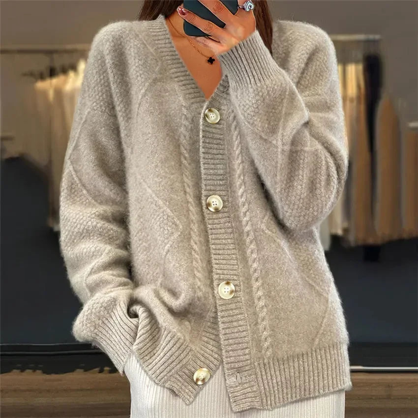 Aaliyah | Button Front V-Neck Cardigan with Diamond Knit Detail, Everyday Layer oaklynwear