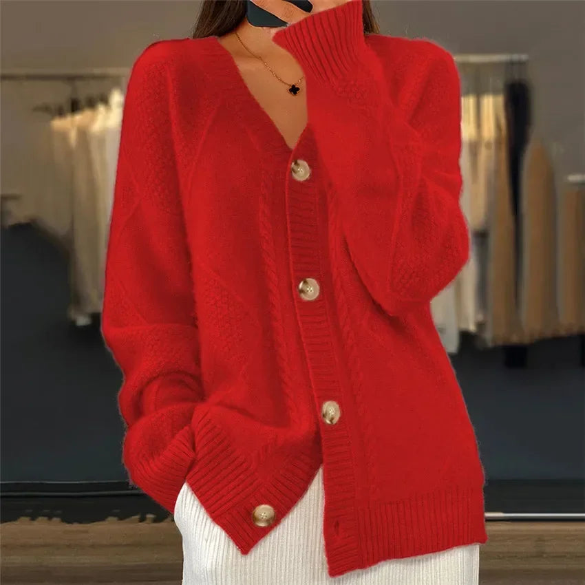 Aaliyah | Button Front V-Neck Cardigan with Diamond Knit Detail, Everyday Layer oaklynwear