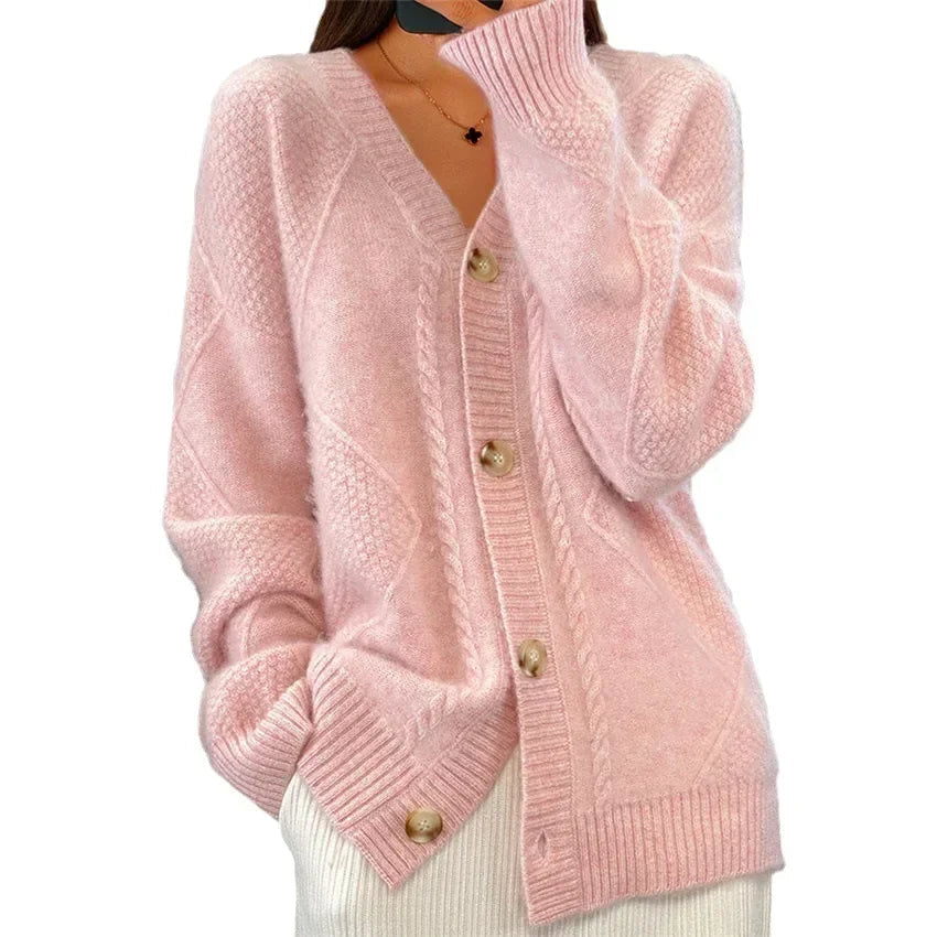 Aaliyah | Button Front V-Neck Cardigan with Diamond Knit Detail, Everyday Layer oaklynwear