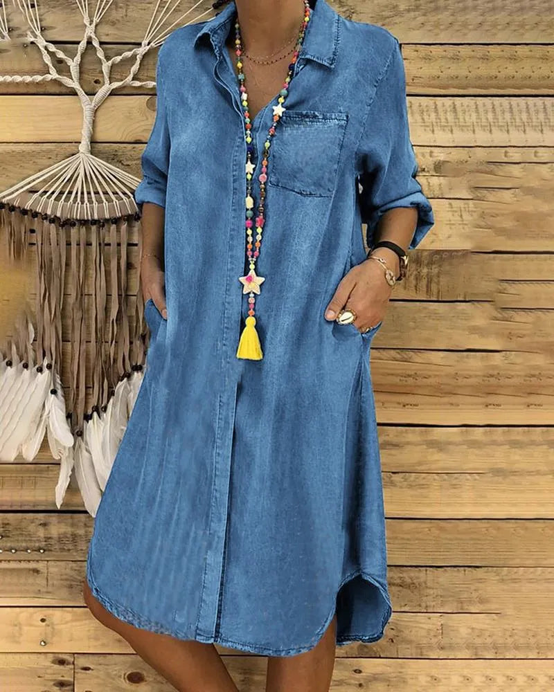 Hazel | Button-Front Denim Shirt Midi Dress oaklynwear