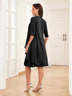 Mother of the Bride Chiffon Dress Set – Two Piece Ruched Knee Length Formal Dress with Beading oaklynwear
