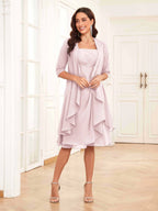 Mother of the Bride Chiffon Dress Set – Two Piece Ruched Knee Length Formal Dress with Beading oaklynwear