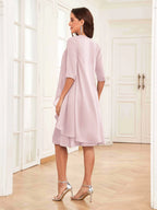 Mother of the Bride Chiffon Dress Set – Two Piece Ruched Knee Length Formal Dress with Beading oaklynwear