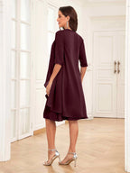 Mother of the Bride Chiffon Dress Set – Two Piece Ruched Knee Length Formal Dress with Beading oaklynwear