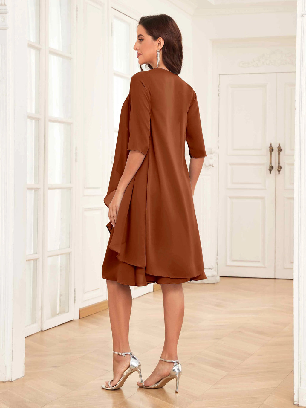 Mother of the Bride Chiffon Dress Set – Two Piece Ruched Knee Length Formal Dress with Beading oaklynwear