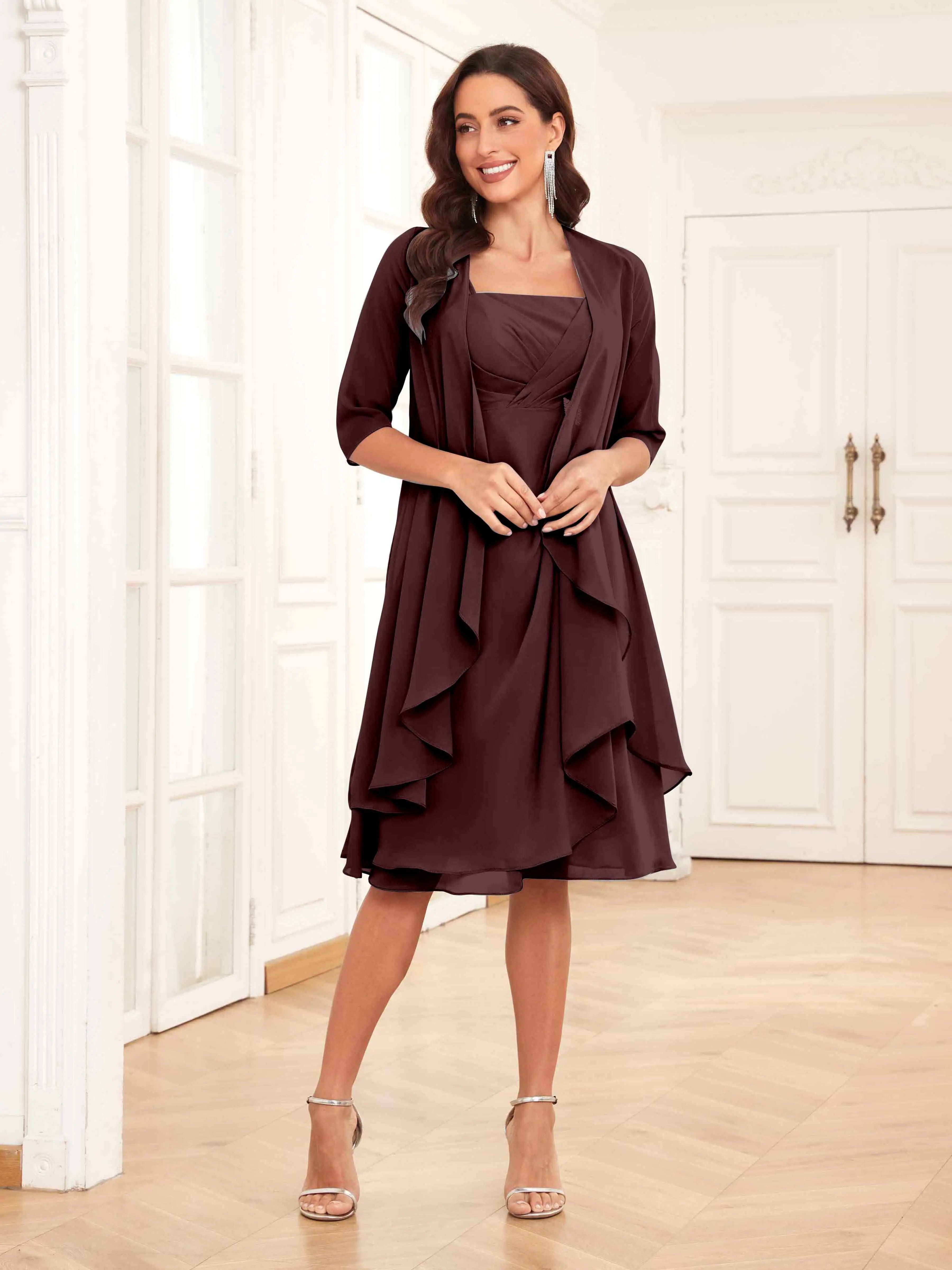 Mother of the Bride Chiffon Dress Set – Two Piece Ruched Knee Length Formal Dress with Beading oaklynwear