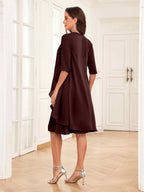 Mother of the Bride Chiffon Dress Set – Two Piece Ruched Knee Length Formal Dress with Beading oaklynwear