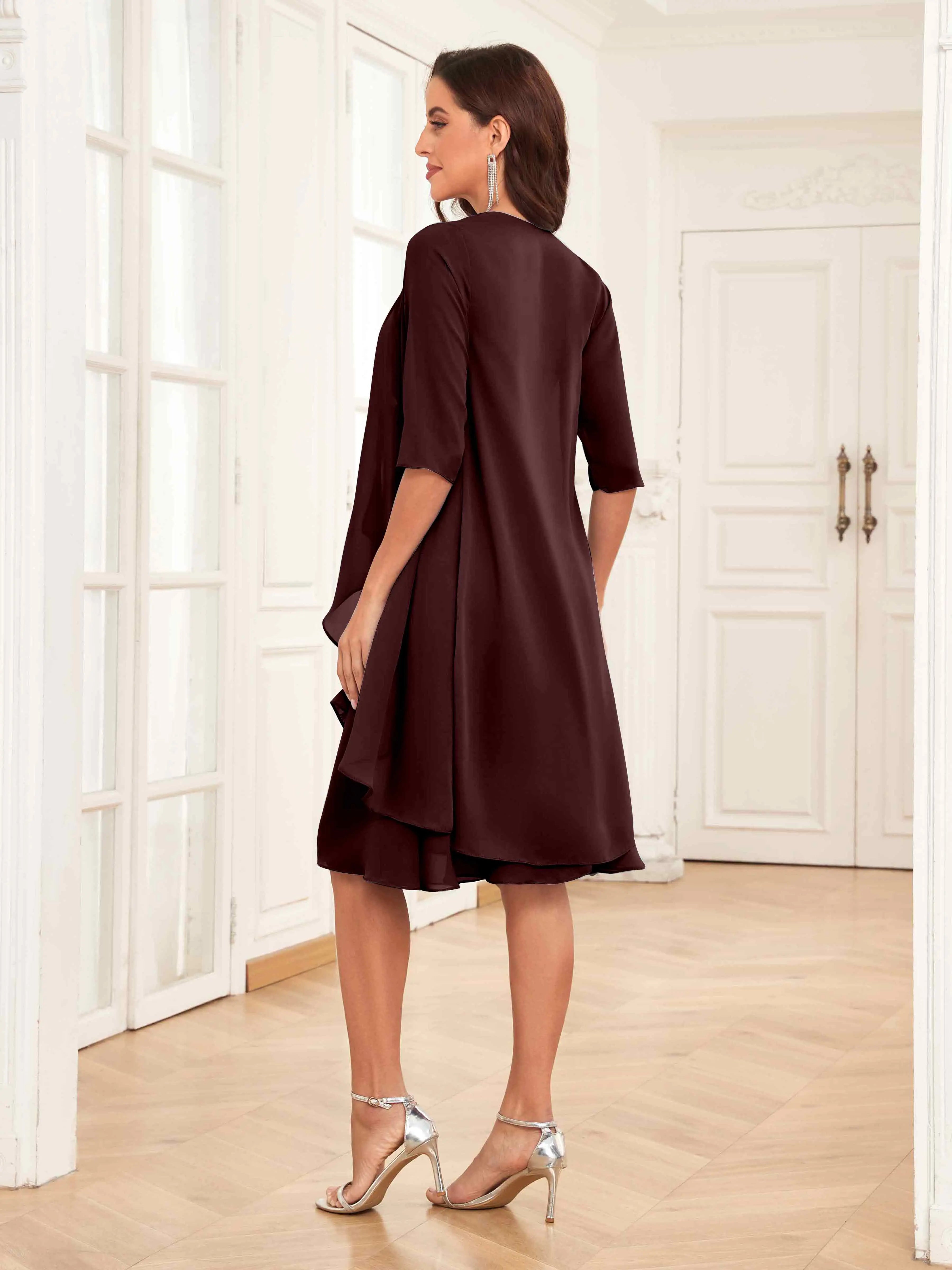 Mother of the Bride Chiffon Dress Set – Two Piece Ruched Knee Length Formal Dress with Beading oaklynwear