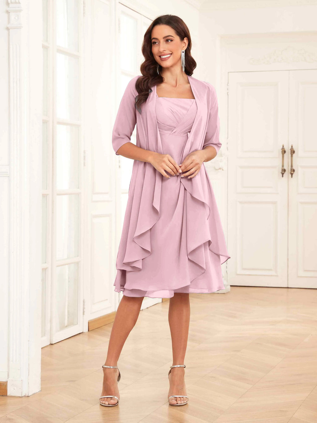 Mother of the Bride Chiffon Dress Set – Two Piece Ruched Knee Length Formal Dress with Beading oaklynwear