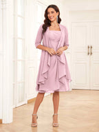 Mother of the Bride Chiffon Dress Set – Two Piece Ruched Knee Length Formal Dress with Beading oaklynwear