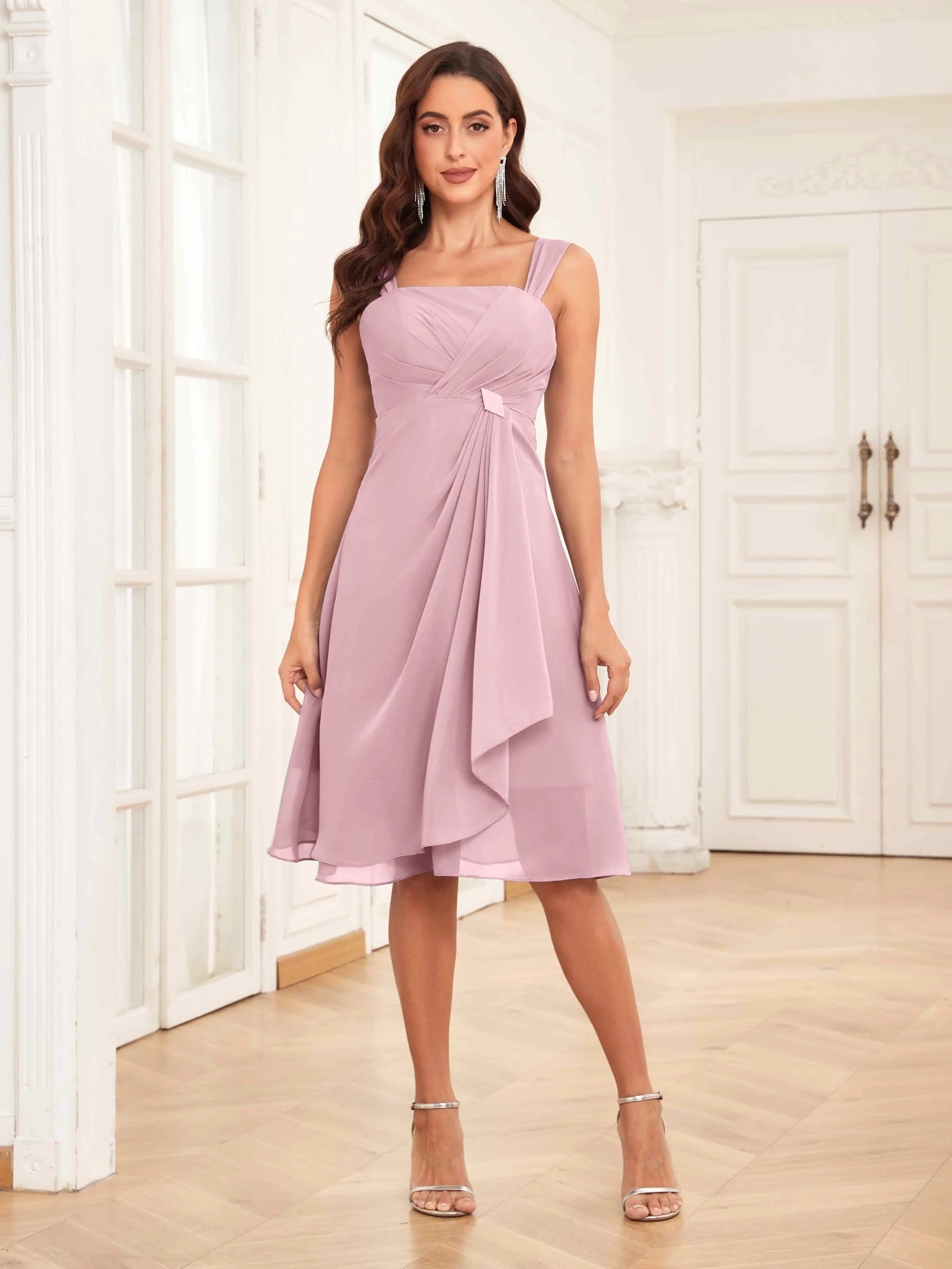 Mother of the Bride Chiffon Dress Set – Two Piece Ruched Knee Length Formal Dress with Beading oaklynwear