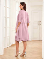 Mother of the Bride Chiffon Dress Set – Two Piece Ruched Knee Length Formal Dress with Beading oaklynwear