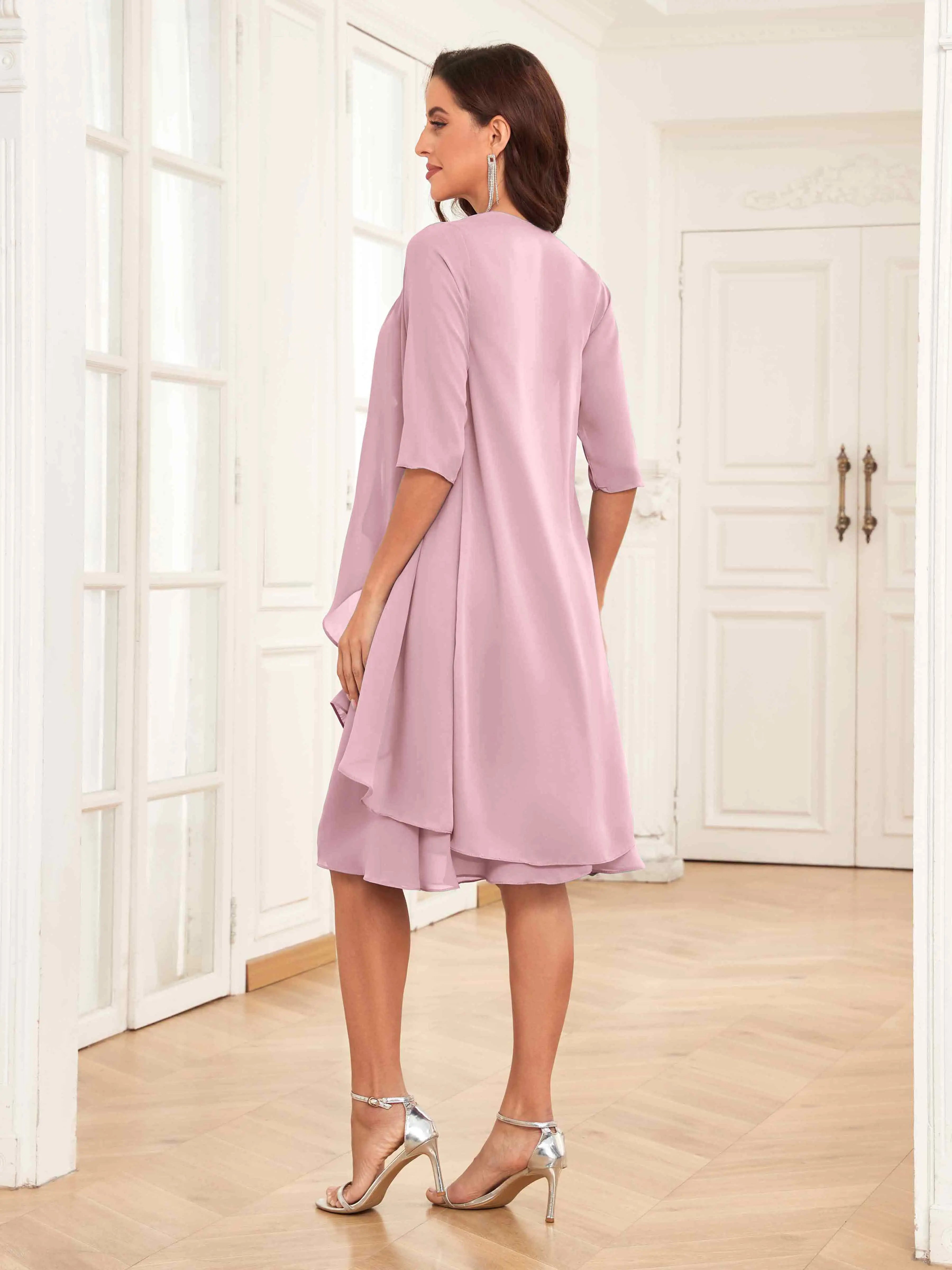 Mother of the Bride Chiffon Dress Set – Two Piece Ruched Knee Length Formal Dress with Beading oaklynwear