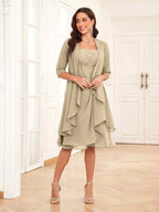 Mother of the Bride Chiffon Dress Set – Two Piece Ruched Knee Length Formal Dress with Beading oaklynwear