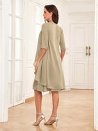 Mother of the Bride Chiffon Dress Set – Two Piece Ruched Knee Length Formal Dress with Beading oaklynwear