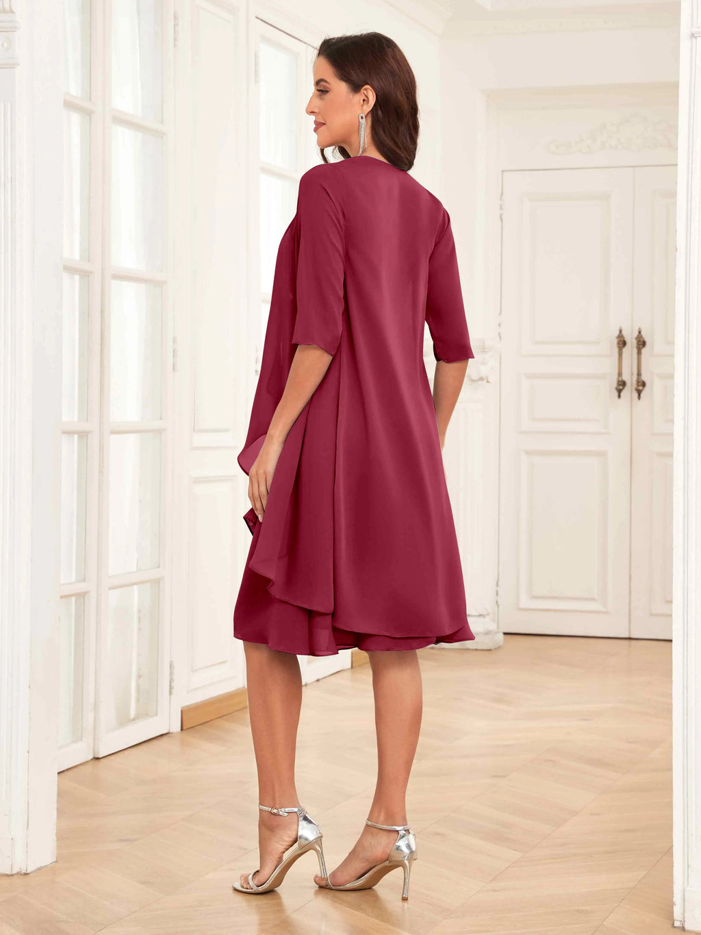 Mother of the Bride Chiffon Dress Set – Two Piece Ruched Knee Length Formal Dress with Beading oaklynwear