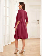 Mother of the Bride Chiffon Dress Set – Two Piece Ruched Knee Length Formal Dress with Beading oaklynwear