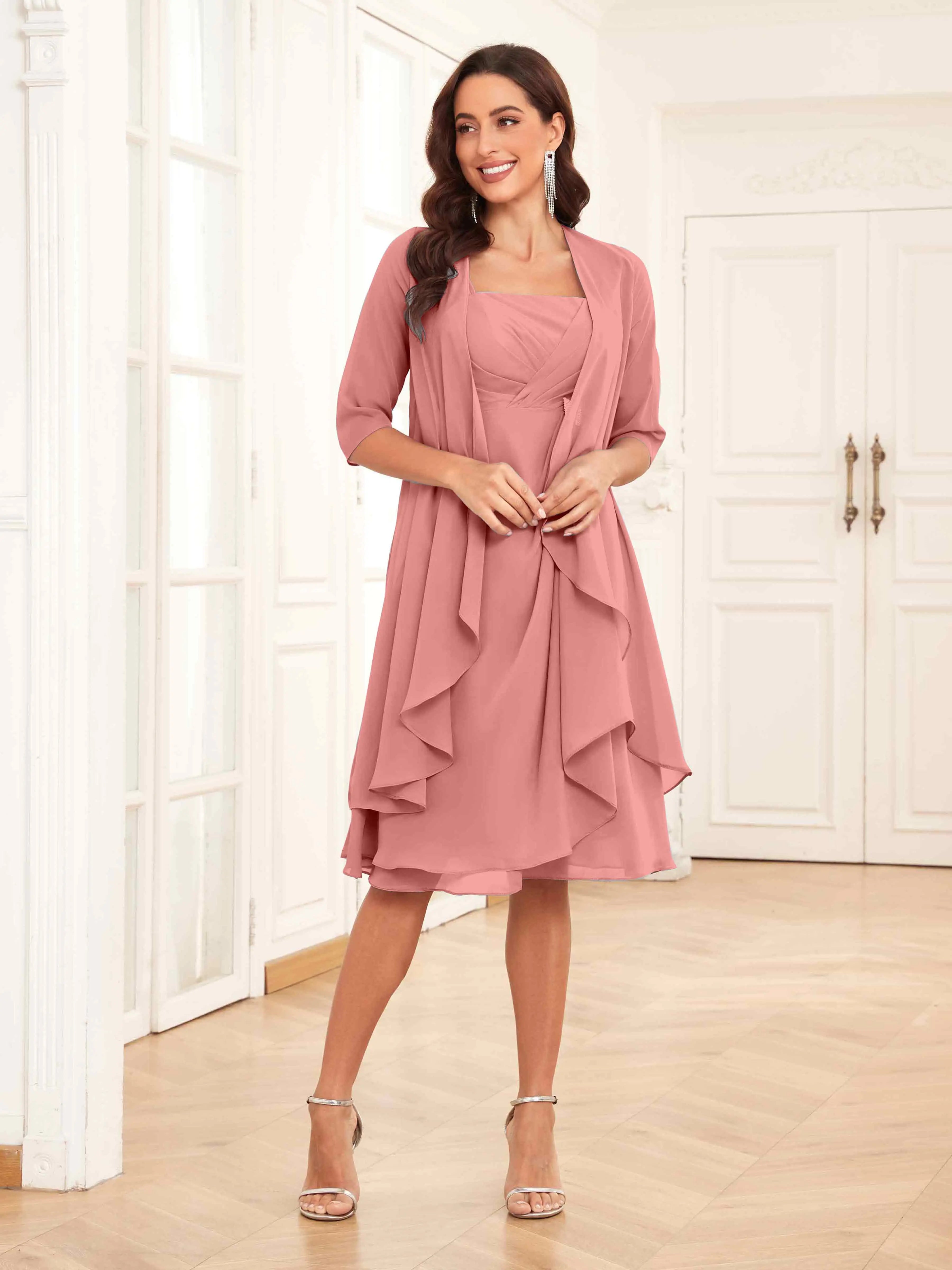 Mother of the Bride Chiffon Dress Set – Two Piece Ruched Knee Length Formal Dress with Beading oaklynwear