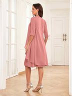 Mother of the Bride Chiffon Dress Set – Two Piece Ruched Knee Length Formal Dress with Beading oaklynwear