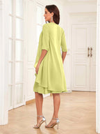 Mother of the Bride Chiffon Dress Set – Two Piece Ruched Knee Length Formal Dress with Beading oaklynwear