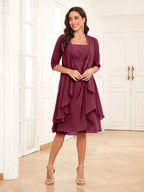 Mother of the Bride Chiffon Dress Set – Two Piece Ruched Knee Length Formal Dress with Beading oaklynwear