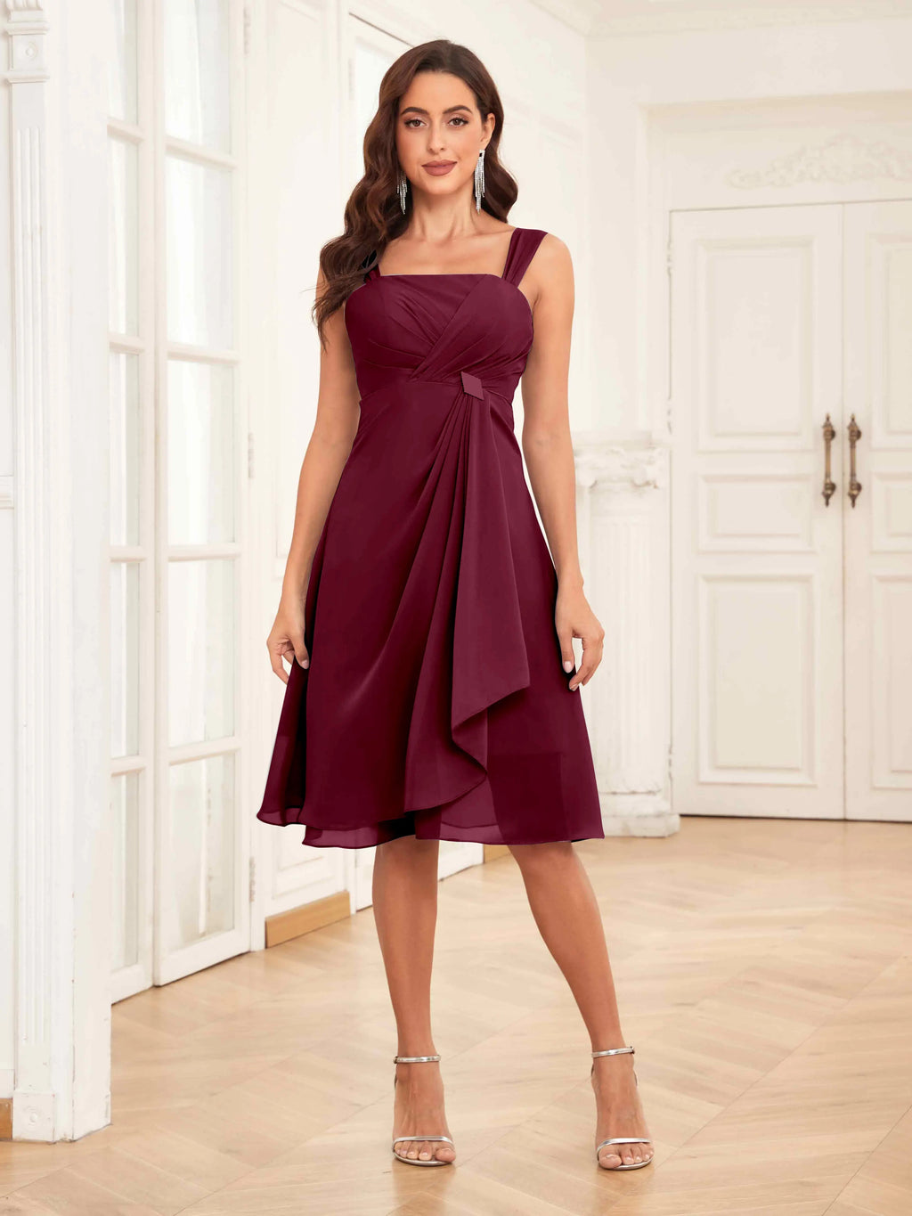Mother of the Bride Chiffon Dress Set – Two Piece Ruched Knee Length Formal Dress with Beading oaklynwear