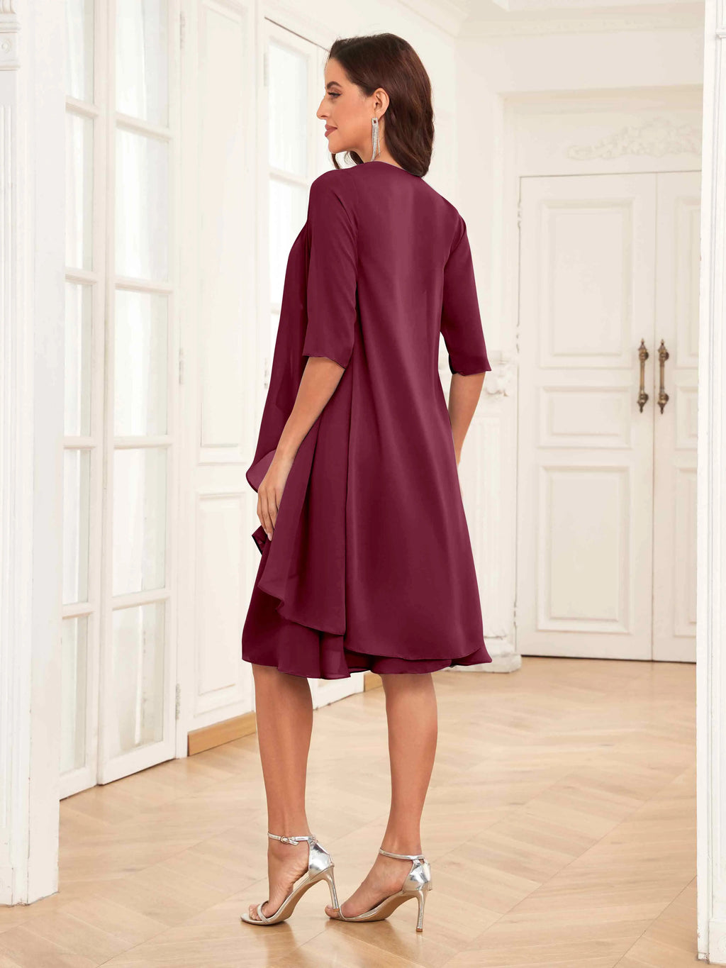 Mother of the Bride Chiffon Dress Set – Two Piece Ruched Knee Length Formal Dress with Beading oaklynwear