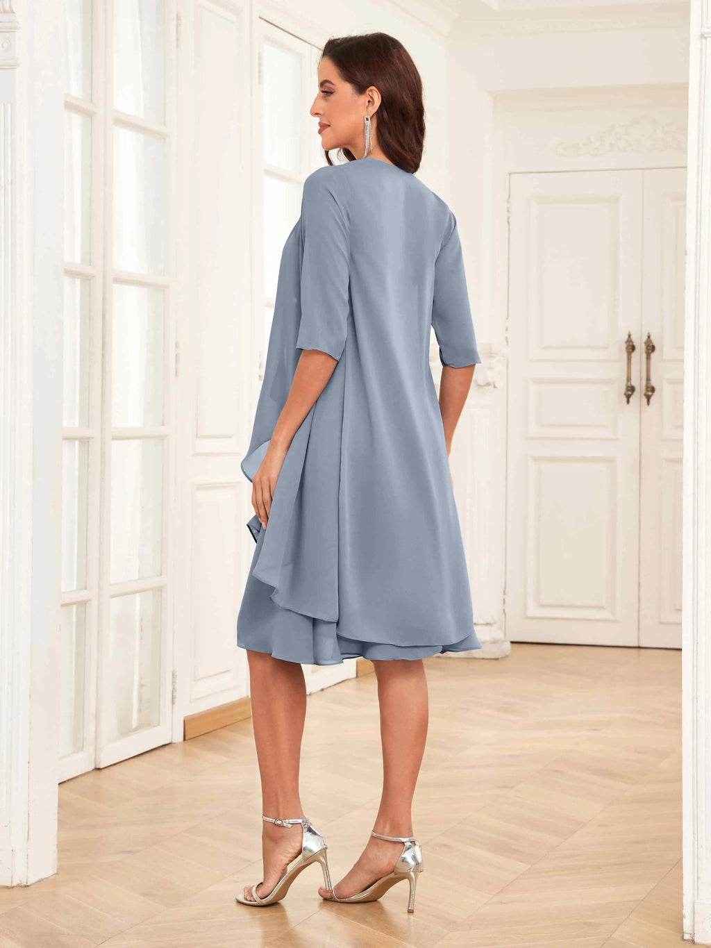 Mother of the Bride Chiffon Dress Set – Two Piece Ruched Knee Length Formal Dress with Beading oaklynwear