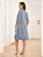 Mother of the Bride Chiffon Dress Set – Two Piece Ruched Knee Length Formal Dress with Beading oaklynwear