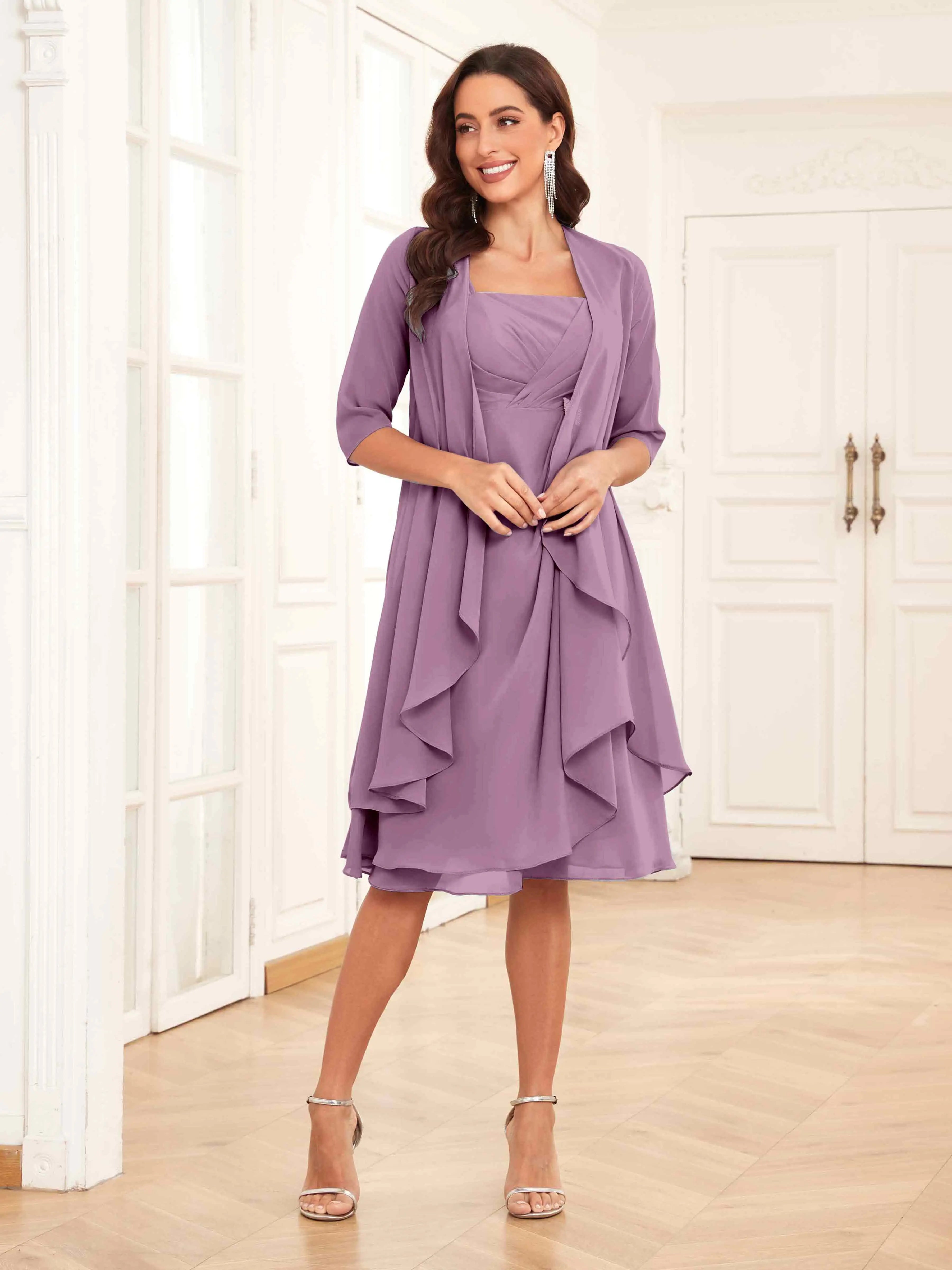 Mother of the Bride Chiffon Dress Set – Two Piece Ruched Knee Length Formal Dress with Beading oaklynwear