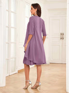 Mother of the Bride Chiffon Dress Set – Two Piece Ruched Knee Length Formal Dress with Beading oaklynwear