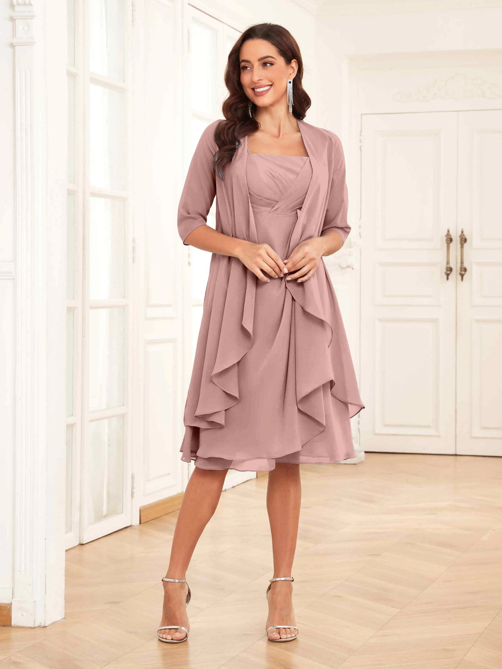 Mother of the Bride Chiffon Dress Set – Two Piece Ruched Knee Length Formal Dress with Beading oaklynwear