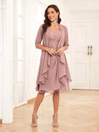 Mother of the Bride Chiffon Dress Set – Two Piece Ruched Knee Length Formal Dress with Beading oaklynwear