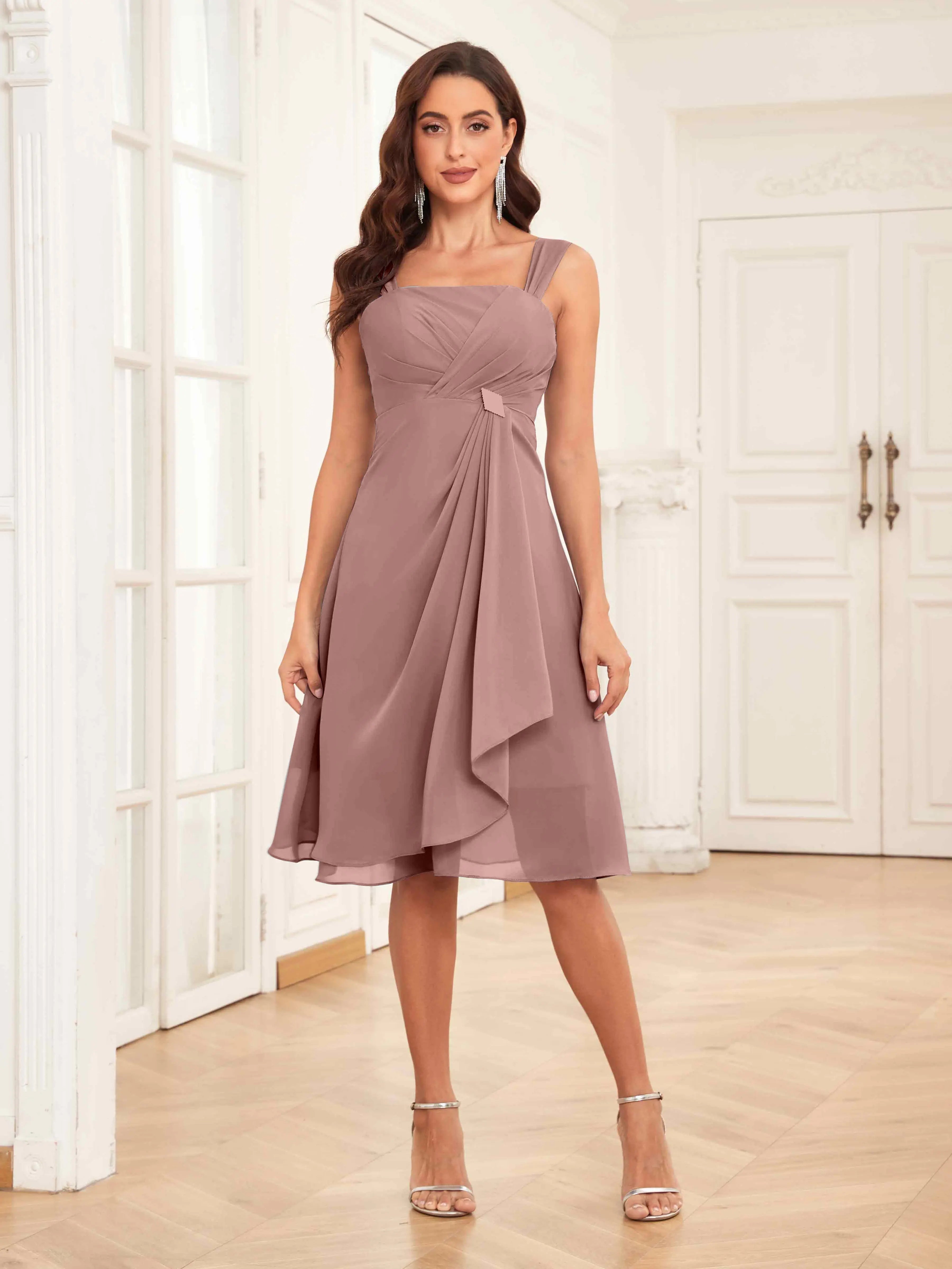 Mother of the Bride Chiffon Dress Set – Two Piece Ruched Knee Length Formal Dress with Beading oaklynwear