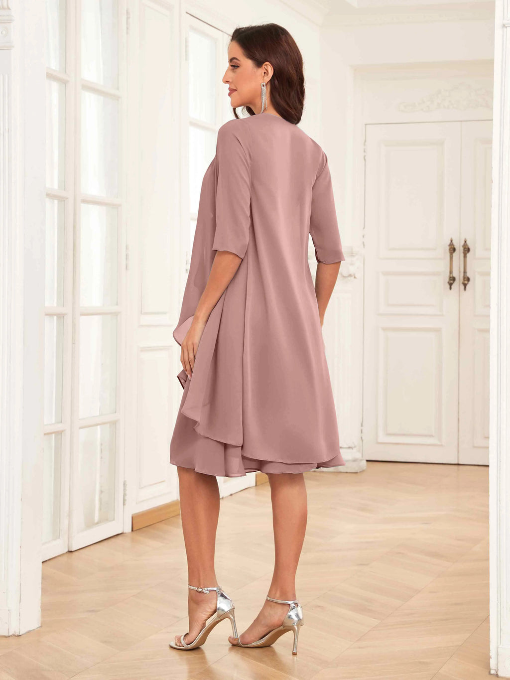 Mother of the Bride Chiffon Dress Set – Two Piece Ruched Knee Length Formal Dress with Beading oaklynwear