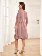 Mother of the Bride Chiffon Dress Set – Two Piece Ruched Knee Length Formal Dress with Beading oaklynwear