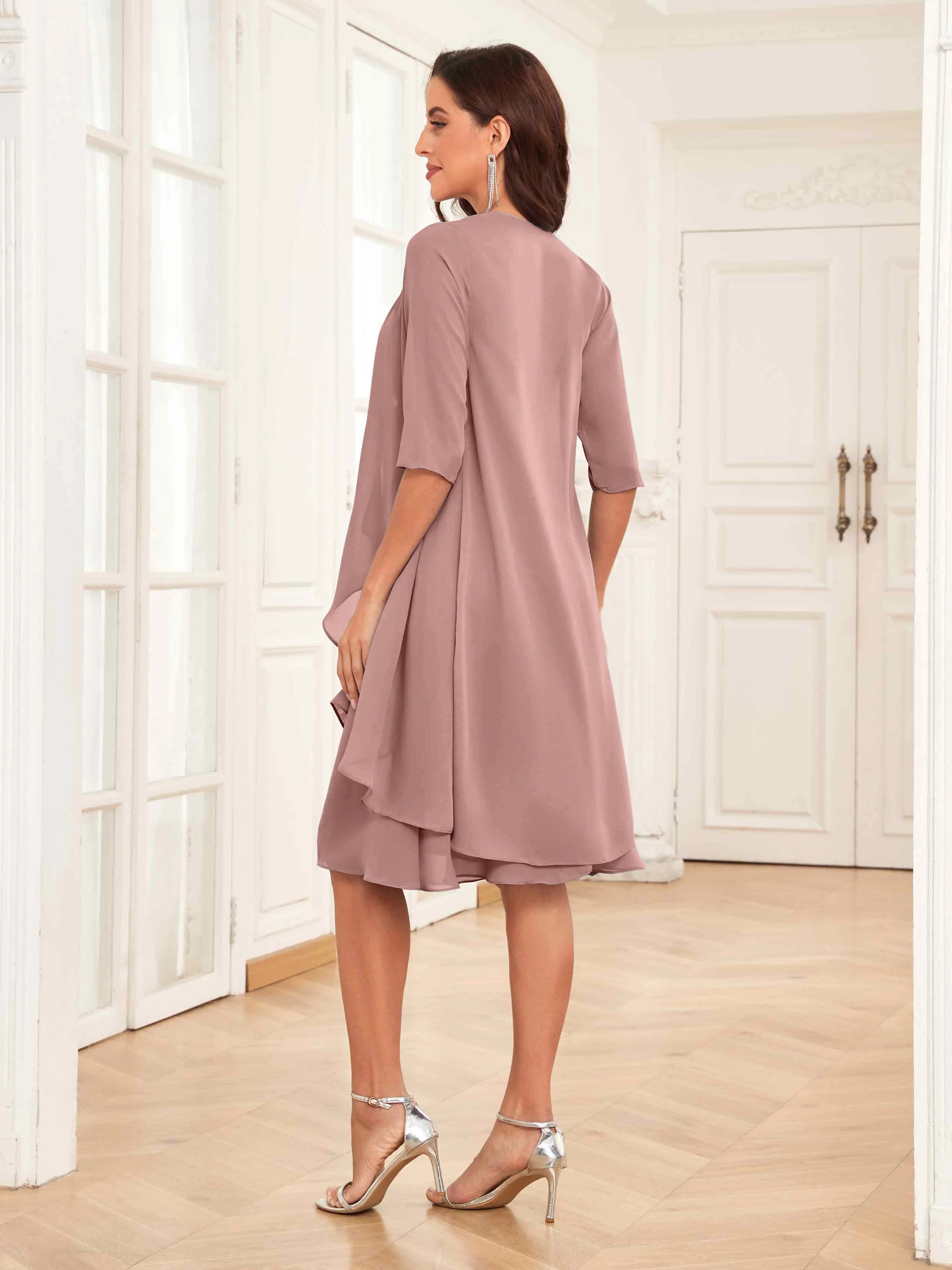 Mother of the Bride Chiffon Dress Set – Two Piece Ruched Knee Length Formal Dress with Beading oaklynwear