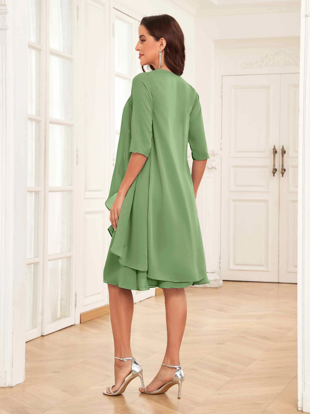 Mother of the Bride Chiffon Dress Set – Two Piece Ruched Knee Length Formal Dress with Beading oaklynwear