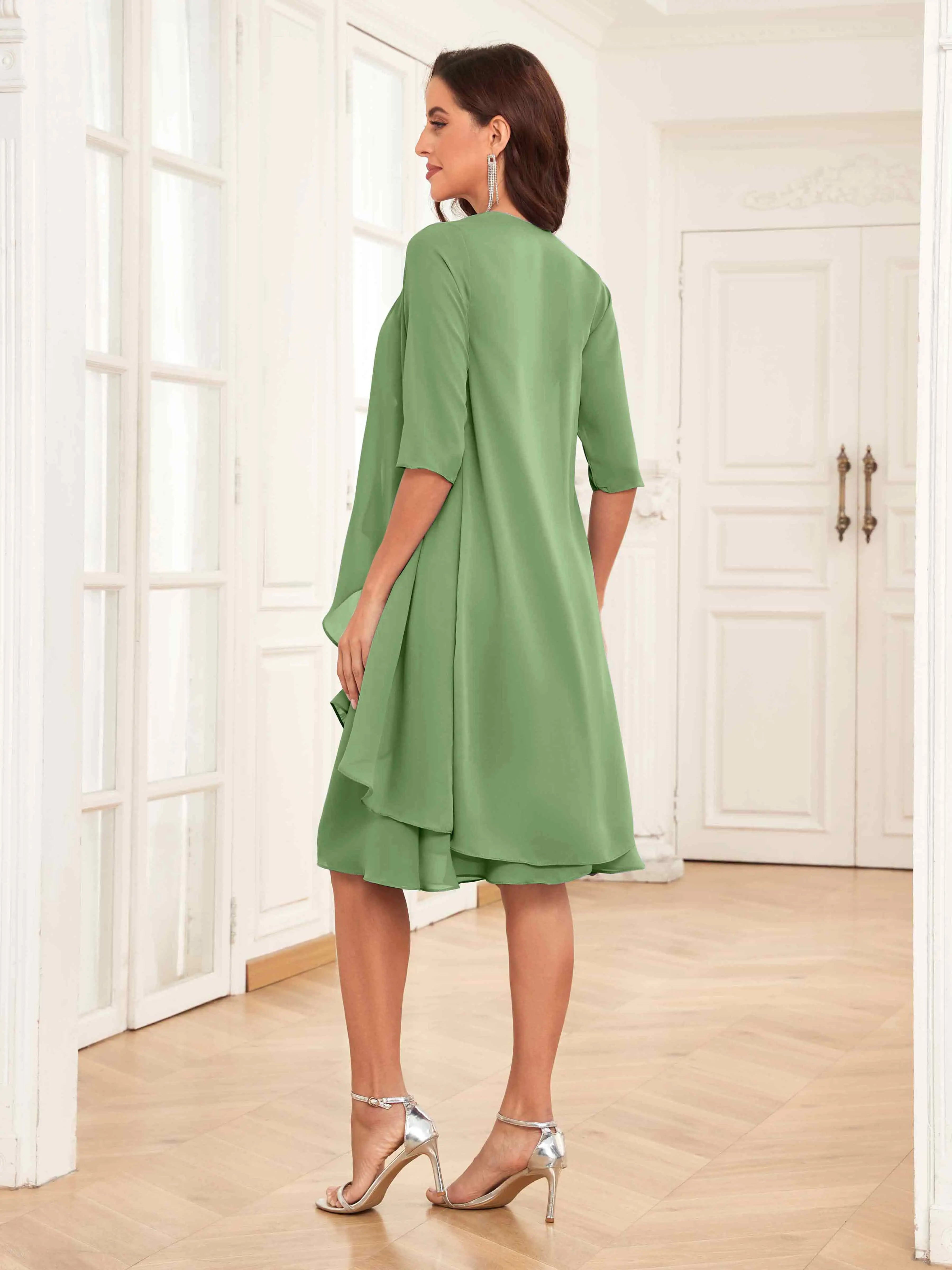 Mother of the Bride Chiffon Dress Set – Two Piece Ruched Knee Length Formal Dress with Beading oaklynwear
