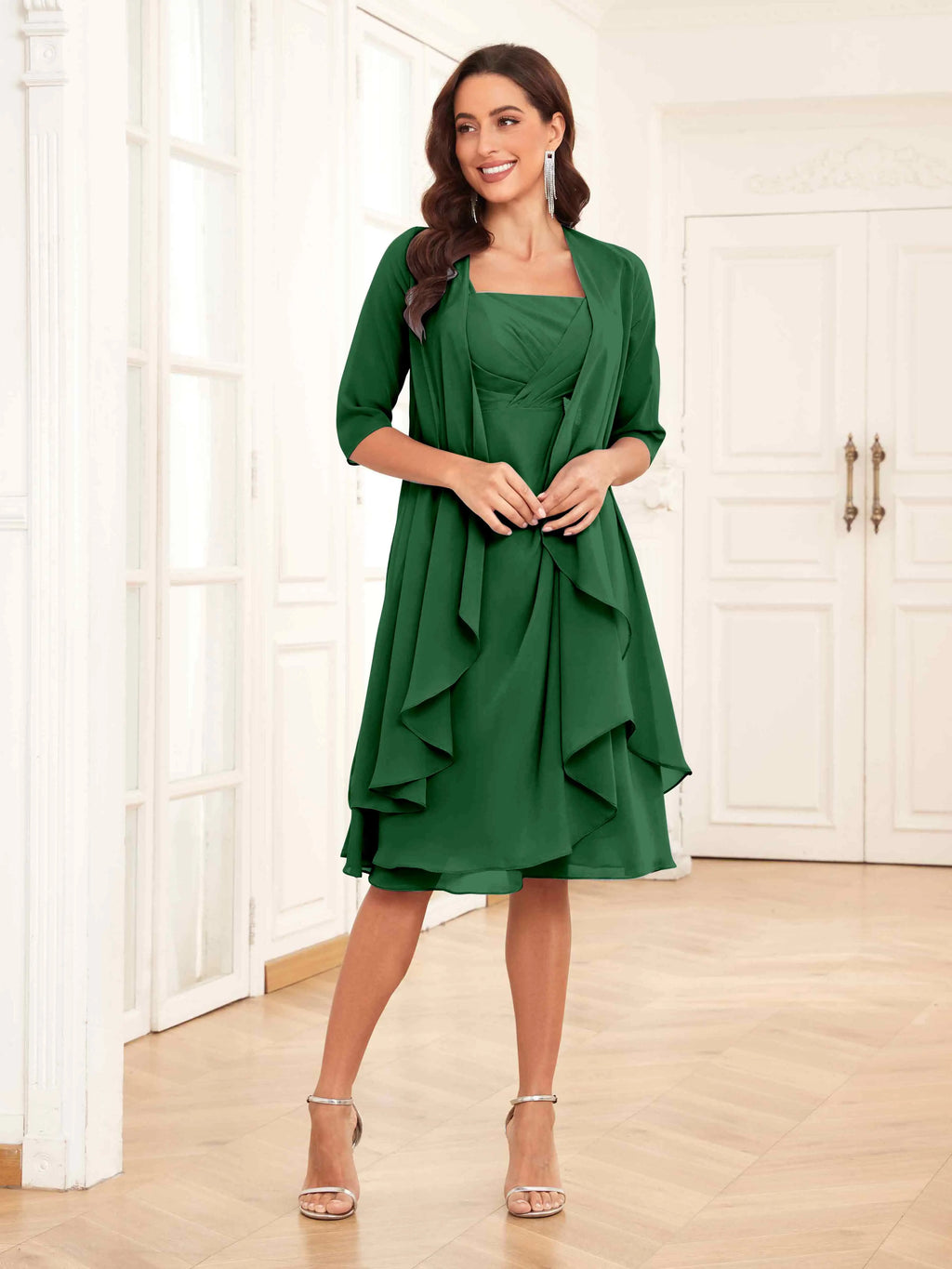 Mother of the Bride Chiffon Dress Set – Two Piece Ruched Knee Length Formal Dress with Beading oaklynwear