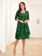 Mother of the Bride Chiffon Dress Set – Two Piece Ruched Knee Length Formal Dress with Beading oaklynwear