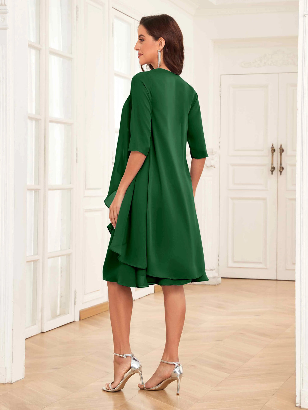 Mother of the Bride Chiffon Dress Set – Two Piece Ruched Knee Length Formal Dress with Beading oaklynwear
