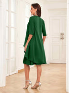 Mother of the Bride Chiffon Dress Set – Two Piece Ruched Knee Length Formal Dress with Beading oaklynwear